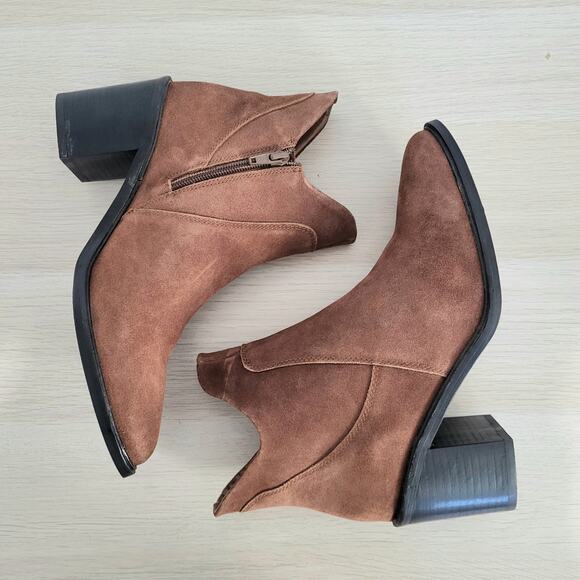 Seychelles Pretty Little Bird Boots Cognac Brown Booties Heel Suede Leather 7 - Picture 7 of 10